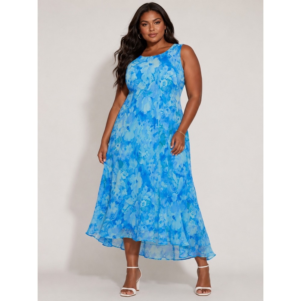 Studio I Womens 16W Blue Floral Chiffon Sleeveless High-Low Midi Dress 27270